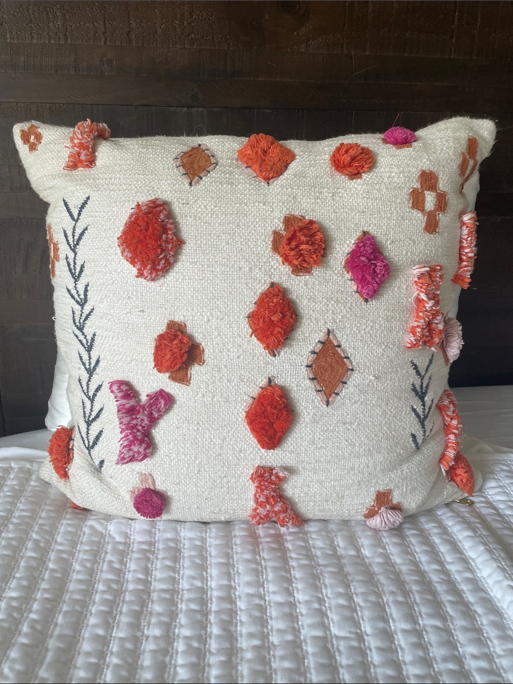 Anthropologie Cream Pillow with Orange, Pink & Navy Embroidered Tufts